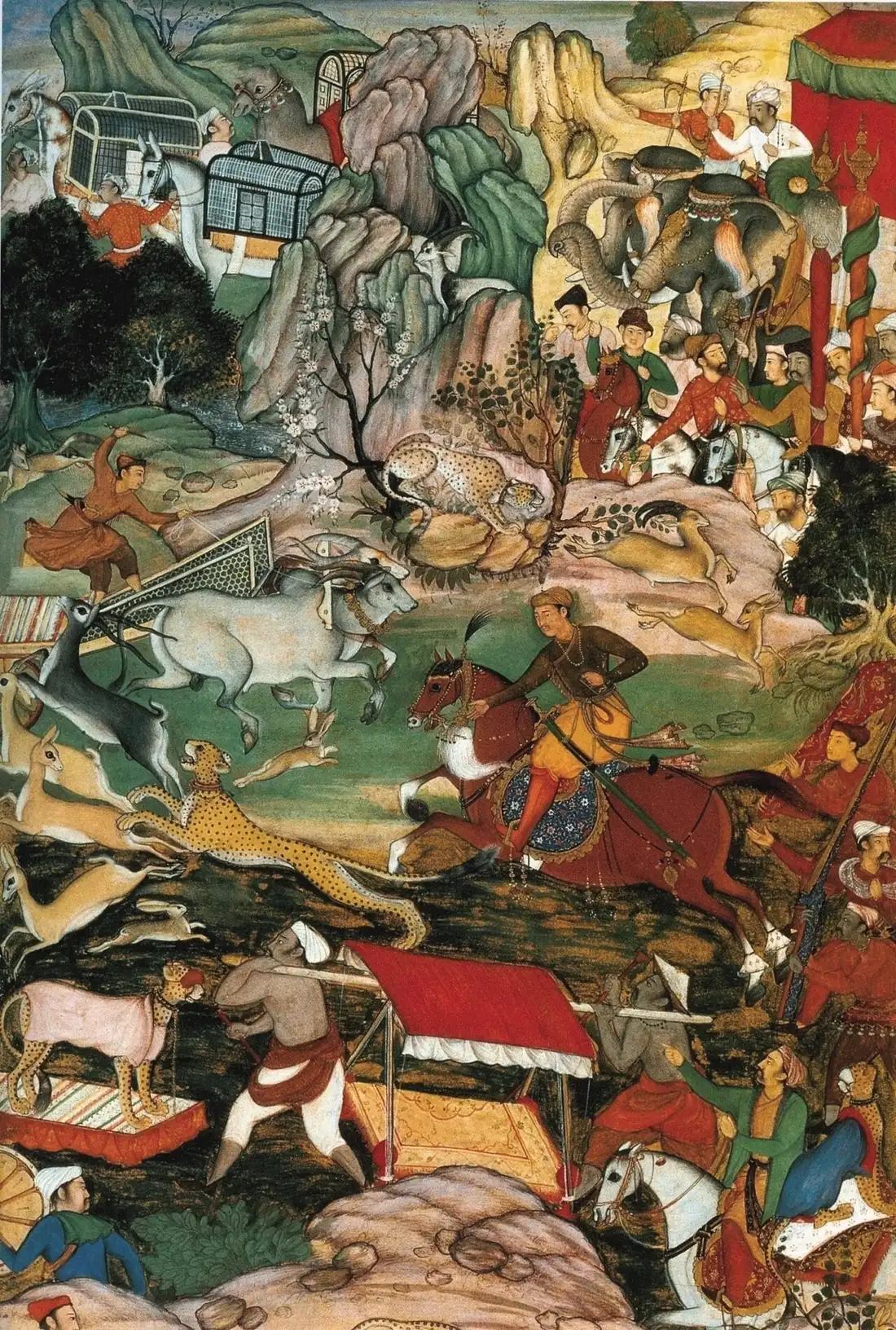 Geniş bir araziyi dolduran avcılar, ceylanlar, boğalar ve leoparla yapılan av sahnesi.