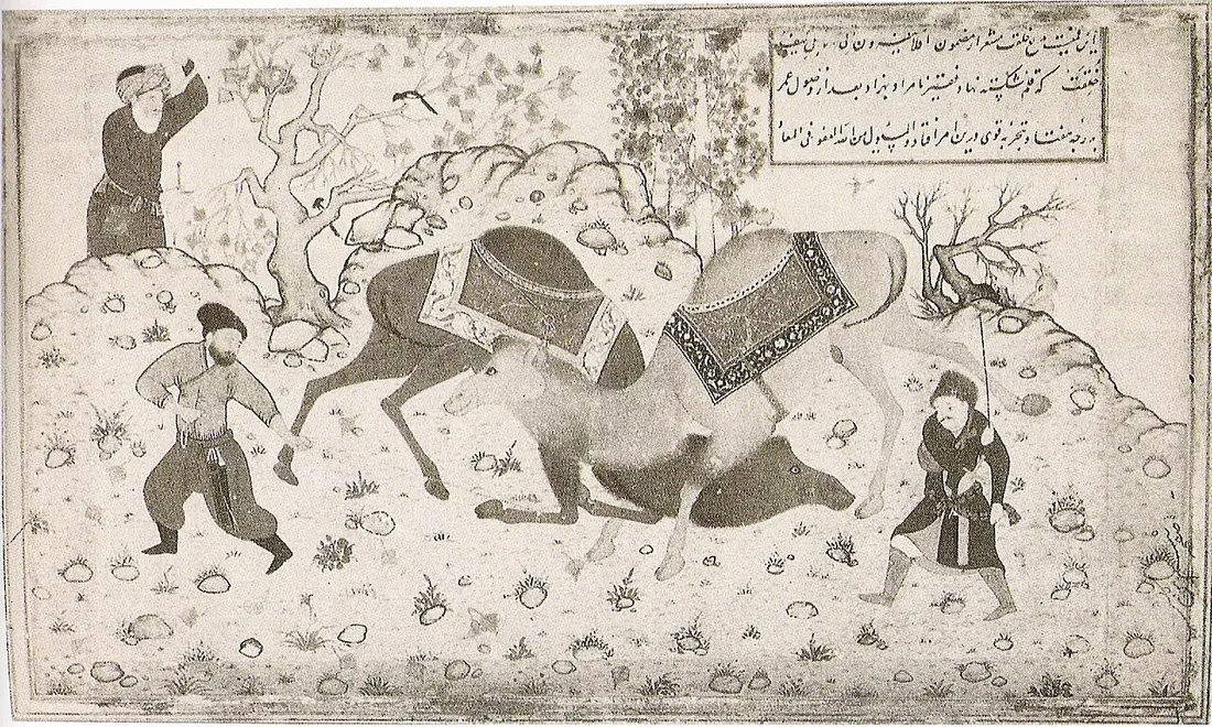 Kayalık bir arazide iki devenin boğuşması ve onları ayırmaya çalışan iki adamın çizildiği, açık renkli bir kompozisyon.