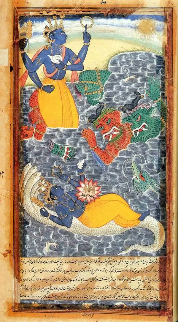 Mavi tenli Vişnu'nun suda yatan figürüyle, Brahma'nın doğuşu ve iki iblisin yenilgisinin gösterildiği Mahabharata resmi.