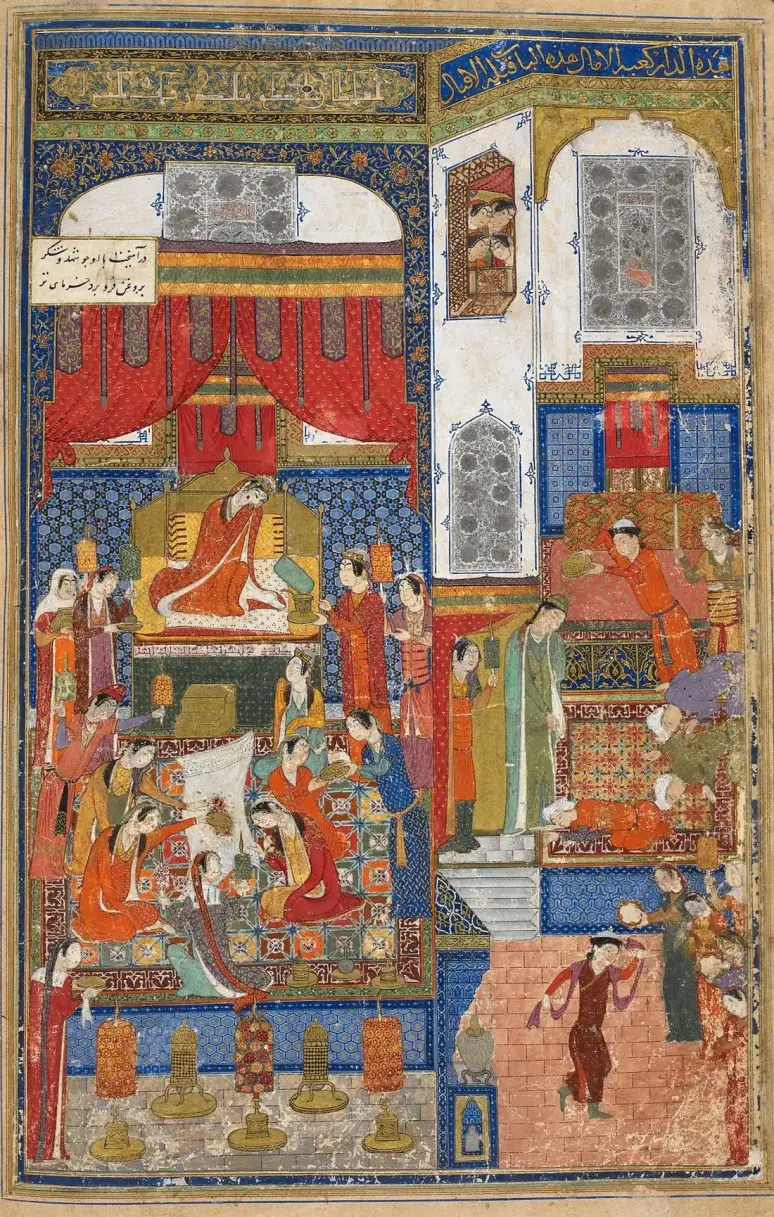 Mavi, kırmızı ve altın renkli bir saray sahnesi; ortada tahtta oturan hükümdar, çevresinde hizmetkârlar ve müzisyenler.