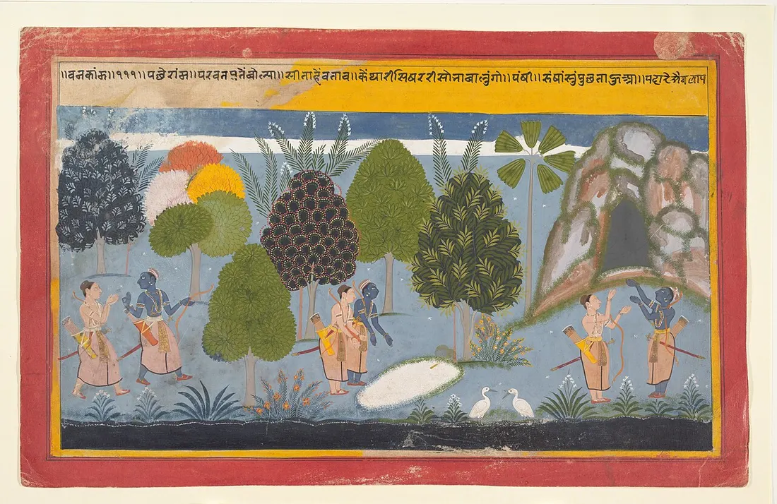 Renkli ağaçlar ve kayalık arasında Rama ve Lakshmana, Sita'yı arayarak yürüyor; üstte Sanskritçe yazı bandı.