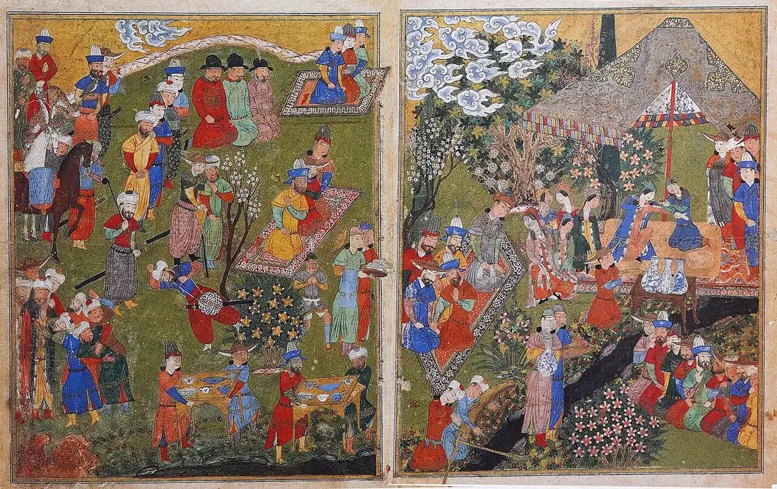 Yeşil bir çayırda, çiçekli ağaçların altında yemek, müzik ve içecekle ziyafet veren prensler ve hizmetliler; iki sayfalık sahne.