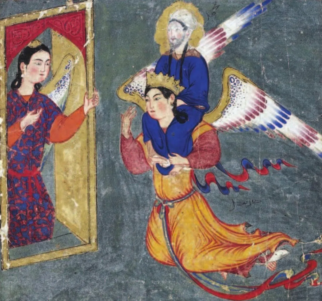 Kanatlı bir melek üzerinde uçan Hz. Muhammed ve zümrüt göğün kapısında bekleyen melek.