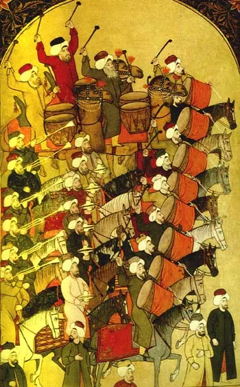 Altın zeminli kemerli bir çerçevede davul, zurna ve boru çalan atlı mehter takımı.
