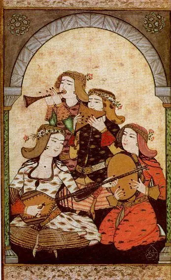 Kemerli bir çerçevenin içinde ney ve telli çalgılarla müzik yapan dört kadın çalgıcı.