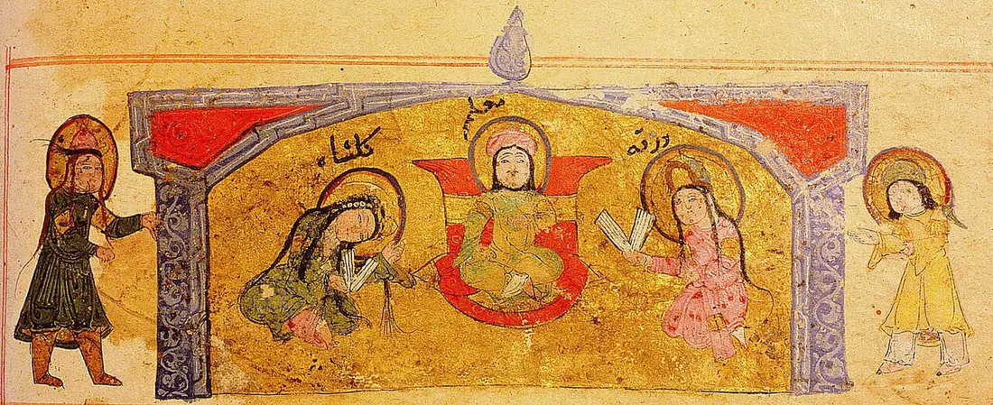 Haleli iki çocuğun hocalarının önünde oturduğu, altın ve kırmızı zeminli yatay resim.