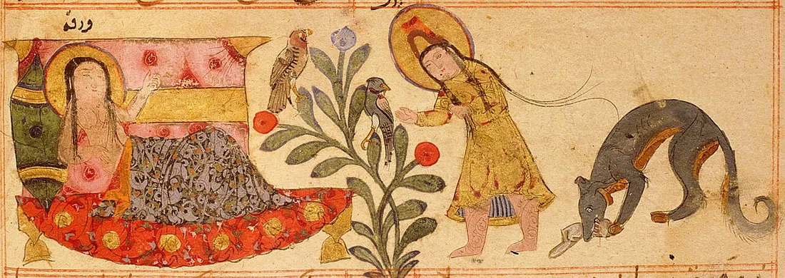 Yatakta yatan yaralı bir genç ve yanındaki figürler, yatay şerit hâlinde.