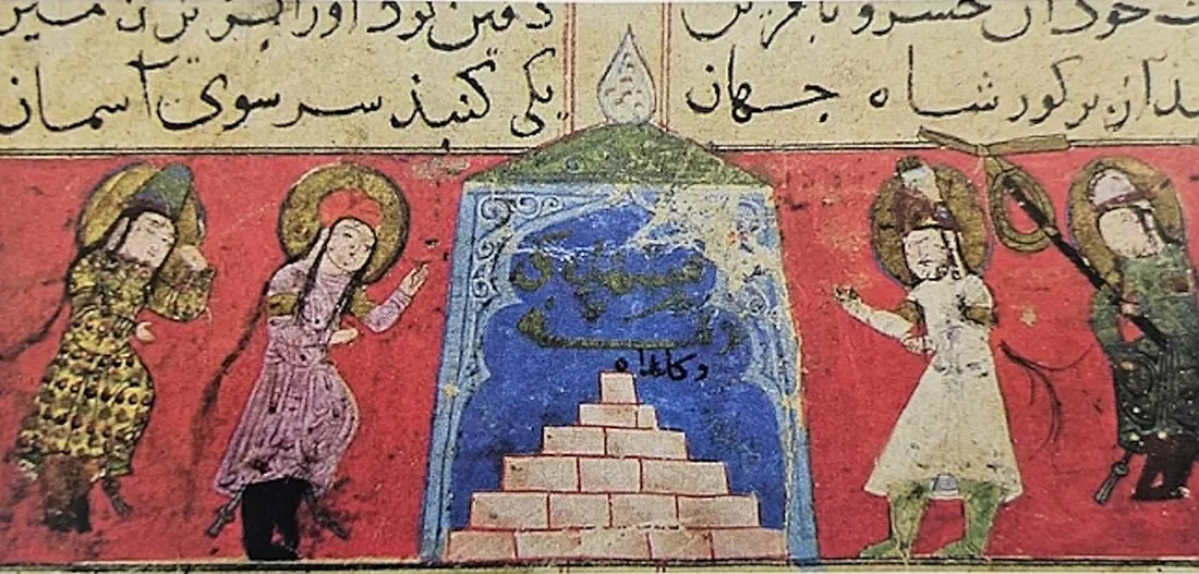 Kırmızı zeminde, mavi bir mezar yapısının iki yanında yas tutan haleli figürler.